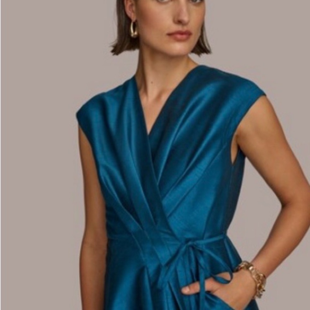 Donna Karan Teal Satin Wrap Midi Dress - Picture 2 of 9